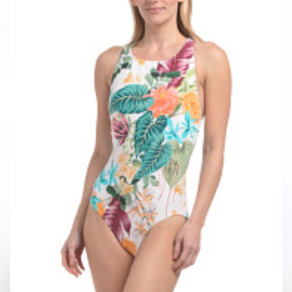 New Jantzen woman One-Piece Swimsuit in White with Tropical Floral Print size 12 - Picture 5 of 15